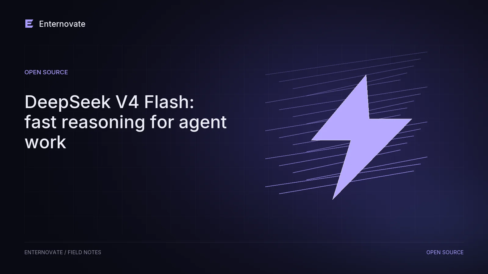 Editorial illustration for “DeepSeek V4 Flash: fast reasoning for agent work”: flash motif in dark indigo and lavender.