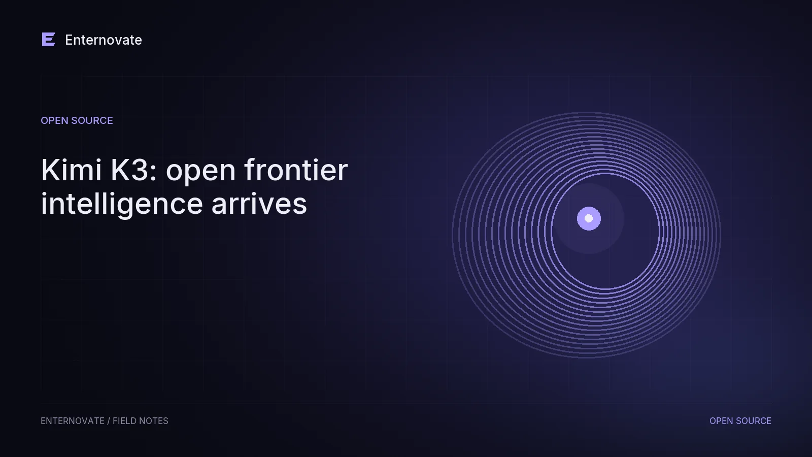 Editorial illustration for “Kimi K3: open frontier intelligence arrives”: frontier motif in dark indigo and lavender.