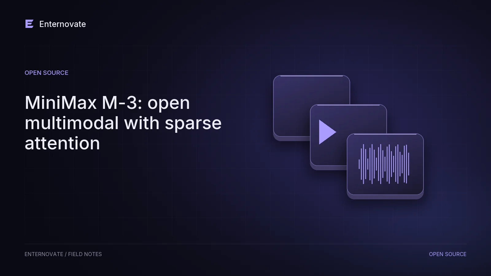 Editorial illustration for “MiniMax M-3: open multimodal with sparse attention”: multimodal motif in dark indigo and lavender.