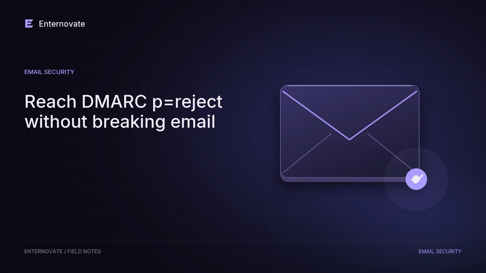 Editorial illustration for “Reach DMARC p=reject without breaking email”: email motif in dark indigo and lavender.